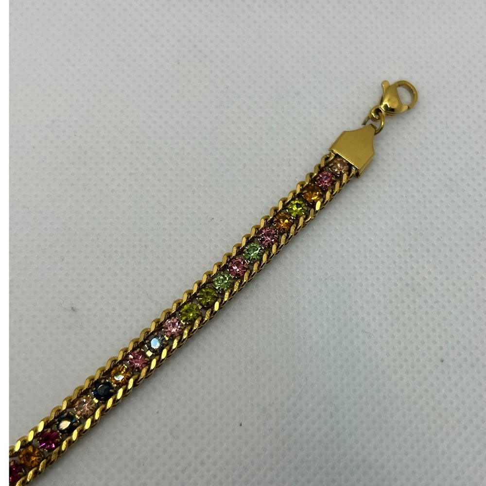 Gold Tone Multi Color Crystal Chain Bracelet Womens Adjustable Rainbow Jewelry - Picture 4 of 6